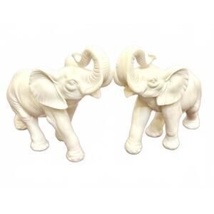 Set of 2 Cream-Tone Elephant Sculptures Vintage Solid Bonded Marble